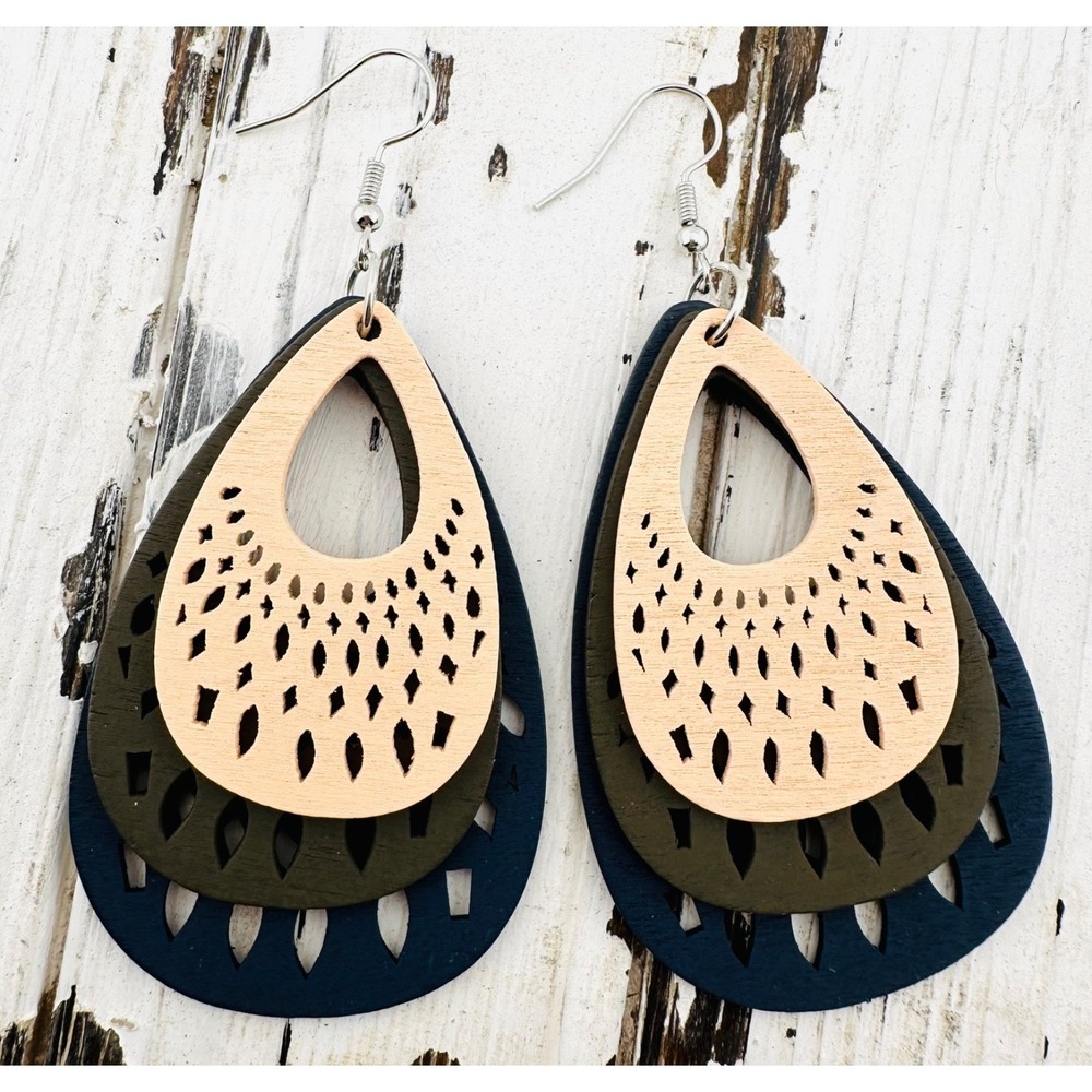 Neutral Shades of Sand Earth & Night Sky Laser Cut Wood Teardrop Earrings‎